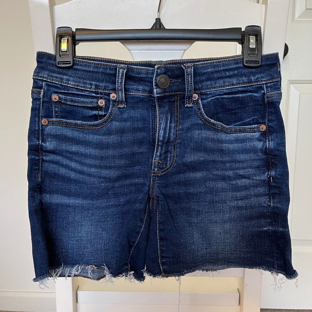 American Eagle SuperStretch Frayed Hem Denim Midi Shorts
